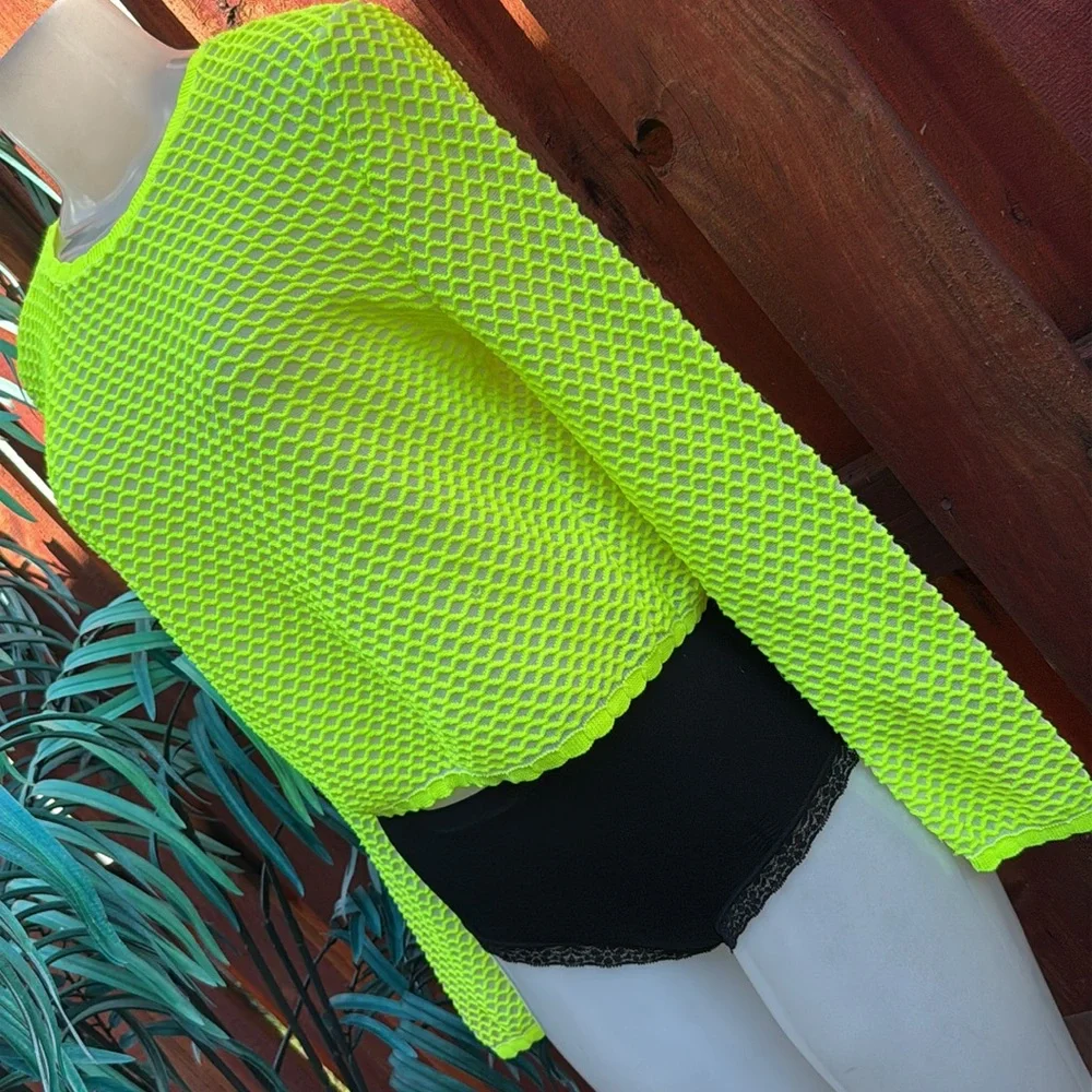 Zara Neon Lime Yellow Fishnet Mesh Open Weave Long Sleeve Top M